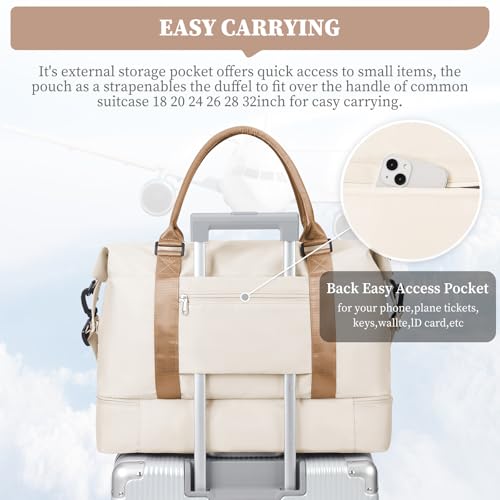 Weekender Bags for Women, Personal Item Travel Bag with Shoes Compartment - color: Beige & Brown, size: Medium