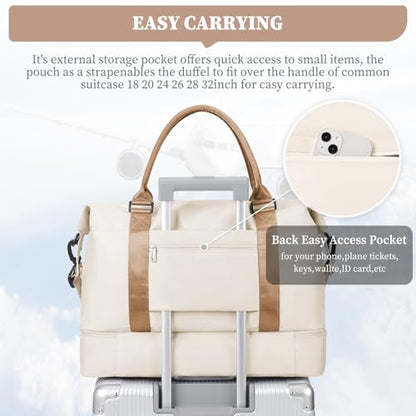 Weekender Bags for Women, Personal Item Travel Bag with Shoes Compartment - color: Beige & Brown, size: Medium