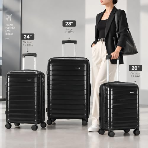 3 Pcs 20"/24"/28" Luggage Sets Suitcase with Wheels Large Checked Travel Suitcases，3 Piece Hard Shell Lightweight Luggage with TSA Lock - color: 3PCS & Black