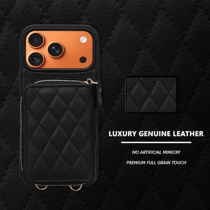 Wallet Case for iPhone 18 Pro Max/iPhone 17 Pro Max 6.9", Genuine Leather Crossbody Zipper Purse with 4 Card Slots & RFID Blocking, Wrist Strap Lanyard Kickstand Flip Cover Black - color: Black, size: 6.9" iPhone 18 Pro Max/17 Pro Max