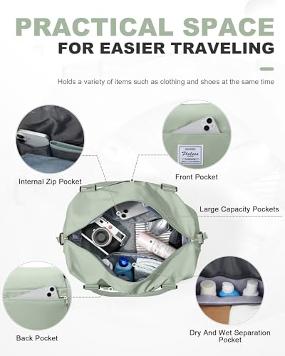 Travel Duffel Weekender Bag Women Tote Carry On Bags With Shoe Compartment - color: H11-BeigeGreen, size: Large