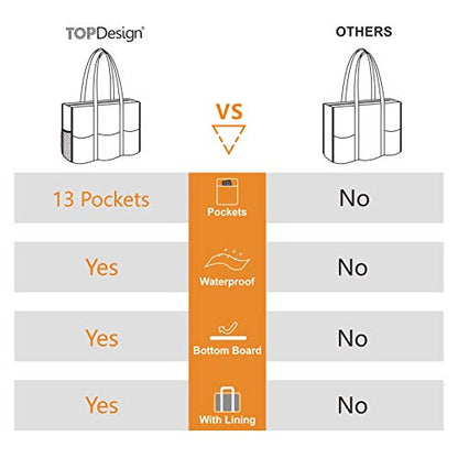 TOPDesign Utility Water Resistant Tote Bag with 13 Pockets, Zipper Closure - color: Blue Bandanna, size: Large