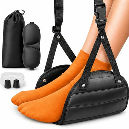 Airplane Foot Hammock 3-in-1 Travel Kit – Adjustable Memory Foam Foot Rest with Eye Mask & Ear Plugs for Long Flights, Office & Car