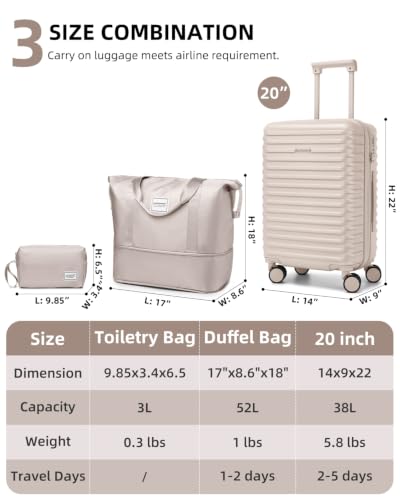 LARVENDER Expandable Carry on Luggage 20in Suitcase with Wheels, Champagne - color: Champagne, size: 3 Piece Set (20/DB/TB)