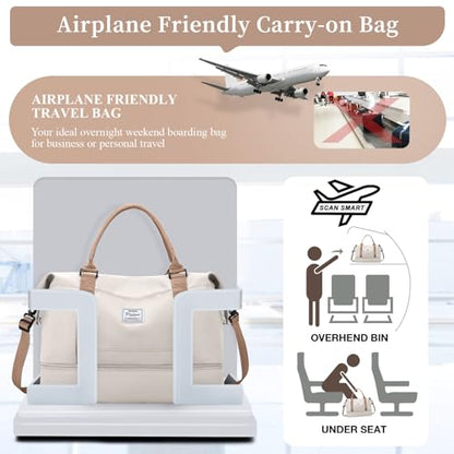Weekender Bags for Women, Personal Item Travel Bag with Shoes Compartment - color: Beige & Brown, size: Large