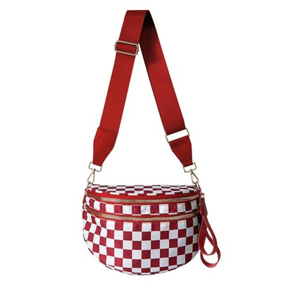 Checkerboard Crossbody Bag for Women, Expandable Plaid Belt Bag Nylon Fanny Pack with Multiple Pockets - color: Red Checkered