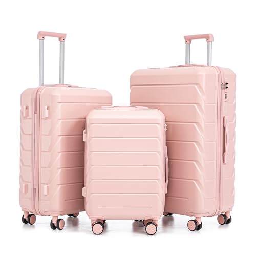Campfun 3 Piece Luggage Sets, ABS Hardshell Suitcase Set with Double Spinner Wheels, Durable Lightweight Carry On Luggage for Travel & Business, 20/24/28 inch, Pink - color: Pink