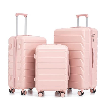 Campfun 3 Piece Luggage Sets, ABS Hardshell Suitcase Set with Double Spinner Wheels, Durable Lightweight Carry On Luggage for Travel & Business, 20/24/28 inch, Pink - color: Pink