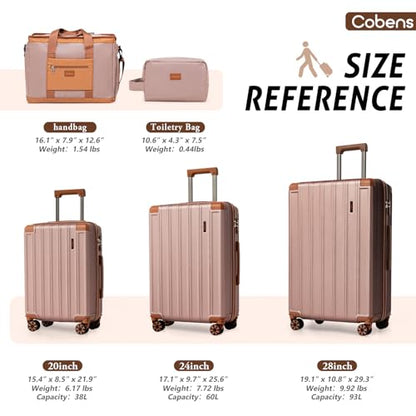 Cobens Luggage Sets 5 Piece, Suitcases with Wheels, TSA Lock, 20/24/28 Inch - color: Pink