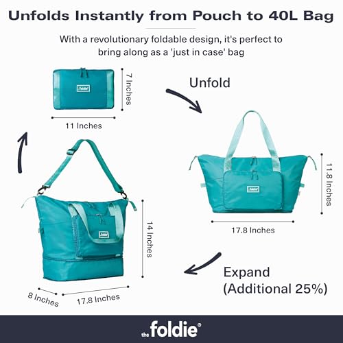 The Foldie Foldable Travel Bag for Women - 40L Weekender Bag with Multiple Pockets - Carry On Expendable Travel Bag - color: Teal