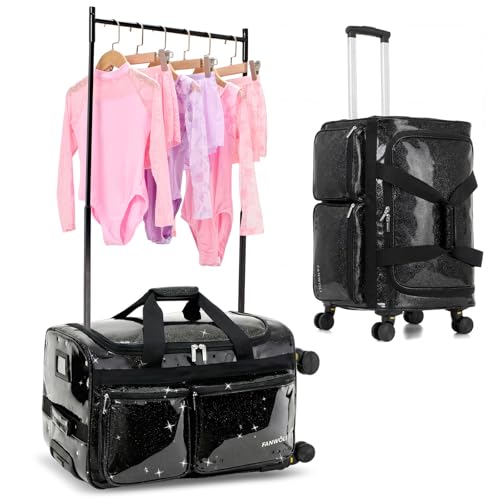 Fanwoli 23" Rolling Dance Bag with Garment Rack, 4-Wheel Competition Duffel - color: Sparkling Black