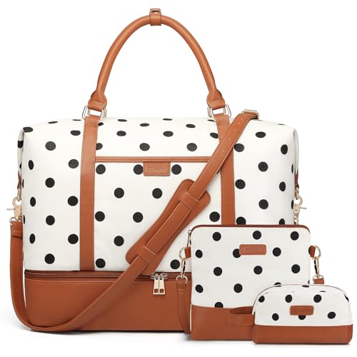 3Pcs Set Polka Dots Weekender Bags for Women Canvas Carry On Overnight Bag Travel Duffle Tote Bag for with Shoes Compartment, Brown