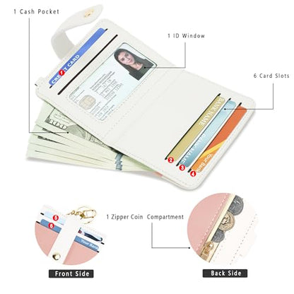 Airkit Small Wallet Women RFID, PU Leather Card Holder with Keychain - color: Pink & White