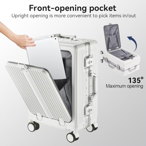 Aluminum Frame Carry On Luggage with Front Pocket, White - color: White, size: 20 Inch