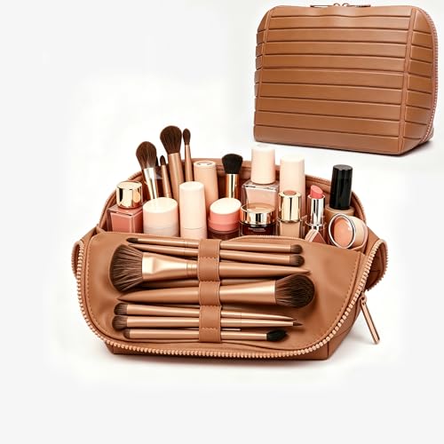 Travel parallel vertical Makeup Bag with Fold-Down Design and Adjustable Dividers,upright Cosmetic Toiletry Bags Brown - color: Brown