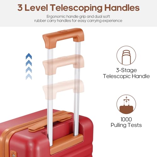 3 Piece Luggage Set, Lightweight Hardshell Large Checked Suitcase TSA Lock - color: Red, size: 3-Piece Sets (20in/24in/28in)