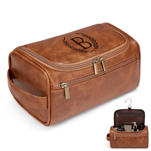 Travel Toiletry Bag Hanging For Mens PU Leather - Yellow Brown (Initial B) - color: Yellow Brown, style: B