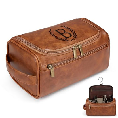 Travel Toiletry Bag Hanging For Mens PU Leather - Yellow Brown (Initial B) - color: Yellow Brown, style: B