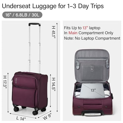 Hanke Underseat Carry On Luggage with Wheels, Small Suitcase, Rolling Bag - color: Purple, size: 16 Inch Underseat