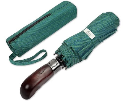 Balios Folding Umbrella Real Wood Handle Auto Open Close - color: Herringbone Jade Green