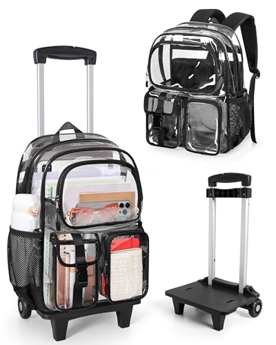 Yarwo Rolling Clear Backpack, 17" Transparent Bag with Detachable Trolley - color: Black