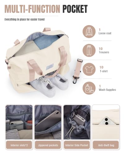 Weekender Bags for Women Travel Weekend Overnight Bag with Shoe Compartment - color: B -Beige + Packing Cube