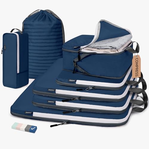 CherryNow 7 Set Compression Travel Packing Cubes for Suitcases, Deep Blue - color: Deep Blue