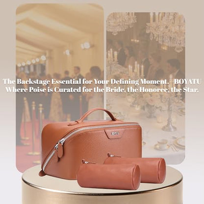 BOYATU Genuine Leather Travel Makeup Bag: Hand-made 3 Pcs Set Cosmetic Bags - color: 01Brown