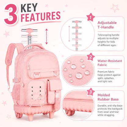 UFNDC 3PCS Rolling Backpack for Girls, Women Pink Roller Backpacks with an Interlaced Ribbon Bow, Water-Resistant Travel Wheeled Bookbag - color: Rolling Backpack Ribbon Bow Pink