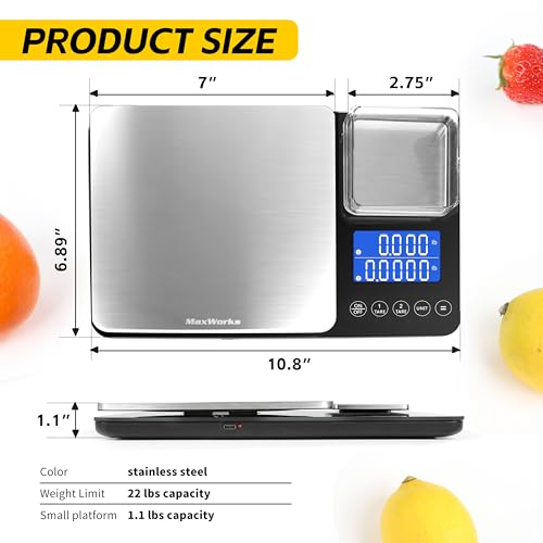 MaxWorks Precision Dual Platform Kitchen Scale Measure Bulk and Fine Ingredients Simultaneously 22 lb Max Capacity Stainless Steel and Glass Digital Scale with USB Charging and 2 Way Power (51069) - size: 22 Lb Capacity