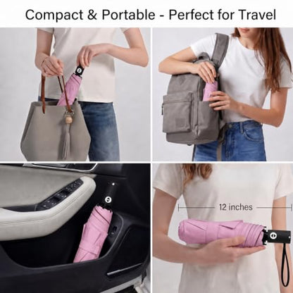BAODINI Compact Travel Umbrella Small Windproof Auto Open Close for UV Sun Protection UPF 50+ and Rain Fits Backpack Purse & Suitcase - color: Pink