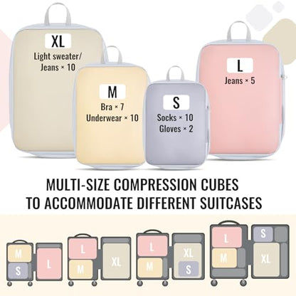 4 Pack Compression Packing Cubes for Travel, Expandable Lightweight Waterproof Luggage Organizers for Women & Men, Essentials for carrying Suitcases