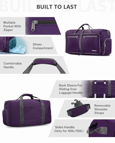 Gonex 60L Foldable Travel Duffle Bag with Shoe Compartment, Lightweight - color: Purple, size: 60L