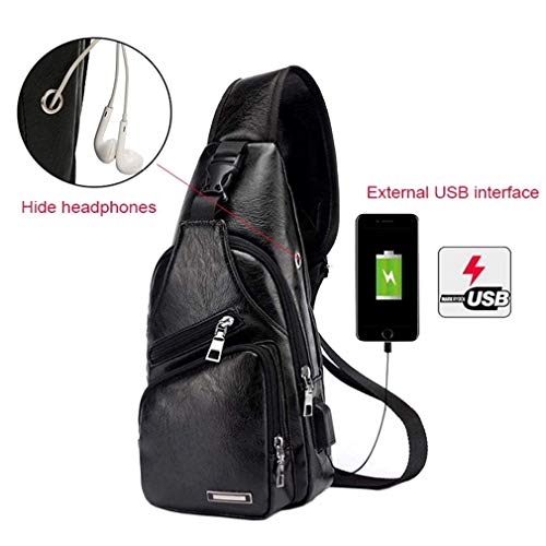 Leather Sling Bag Crossbody Backpack for Men Women Travel Outdoor Camping - color: #21black(pu/Usb)