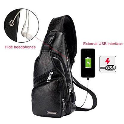 Leather Sling Bag Crossbody Backpack for Men Women Travel Outdoor Camping - color: #21black(pu/Usb)