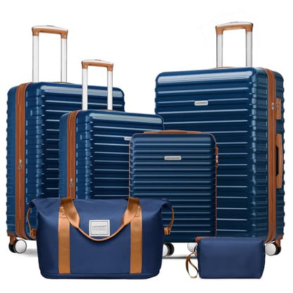 LARVENDER Luggage 6 Piece Expandable Suitcases with Wheels, Navy - color: Navy Blue ABS, size: 6 Piece Set