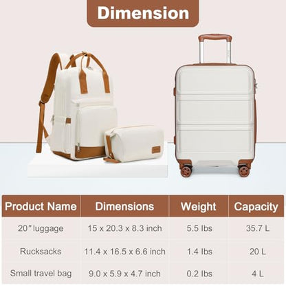 Kono Luggage Set 3 Piece Carry On Hardside Luggage with Spinner Wheels - color: Cream White, size: 20-inch/Bp/Tb