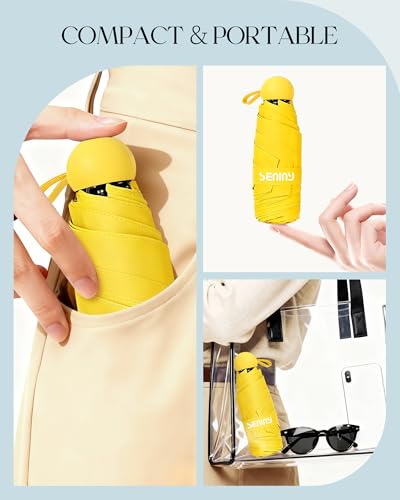 Seniny Mini Travel Umbrella with Case, Compact Pocket Size UV Sun & Rain - color: Yellow