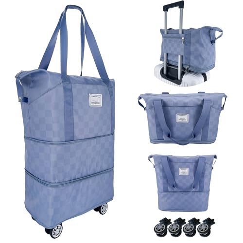 Expandable duffel bag,carry-on large bag with wheels(BLUE Check) - color: BLUE