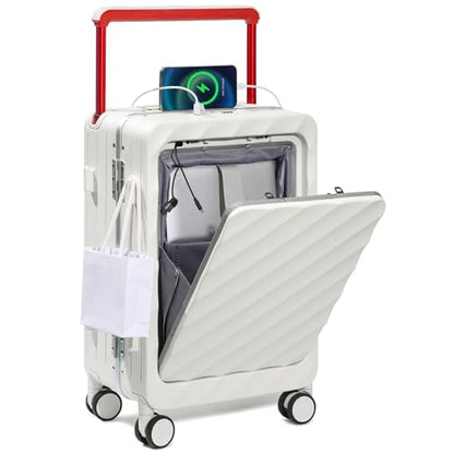 Somago Carry On Luggage Wide Handle 20 Inch Suitcase with Front Compartment Aluminum Framed PC Hardside 22x14x9 No Zipper Business Baggage with Spinner Wheels USB Charging Port TSA Lock - color: White, size: Front Open 20 inch