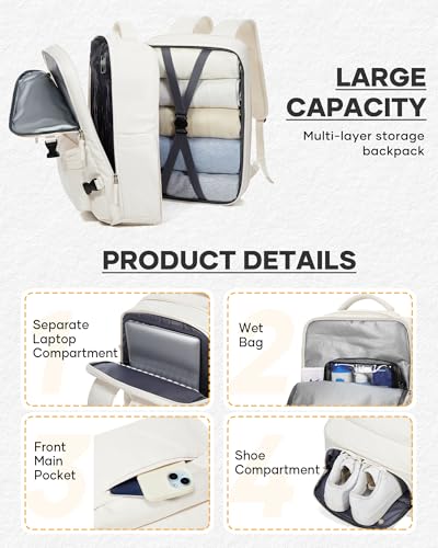 coofay Vacuum Backpack with Pump, Expandable Carry On Travel Backpack | 15.6" Laptop Compartment, Vacuum Compression System, Water-Resistant, Shoe Compartment & USB Charging Port, Beige - color: Beige, size: Extended-with Pump