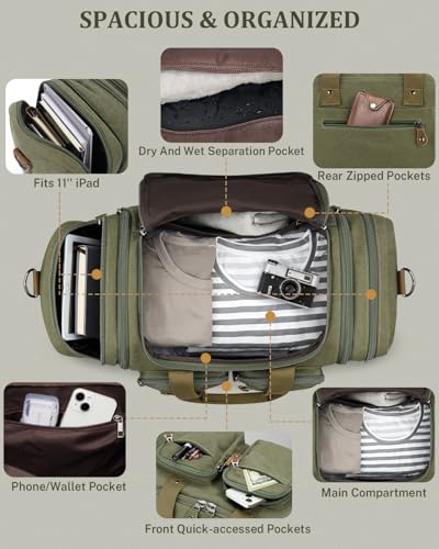 Gonex Duffle Bag for Travel, Expandable 60L Overnight Weekender Gym Bag - color: Army Green, size: X-Large-60l