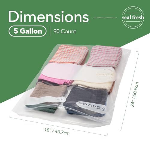 Seal Fresh 5 Gallon Large Plastic Storage Bags - 18 x 24 Inch (90 Count) - Reusable Write-On XXL Extra Large Big Oversized Clear Jumbo Zip Top Bags with Sealable Zipper for Clothes, Travel, Moving - size: 5 Gallon - 90 Pack
