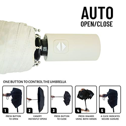 SY COMPACT Umbrella Automatic Travel Waterproof Light Folding Umbrellas Easy Carry for Women and Men - color: Creamy White