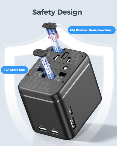 Universal Travel Adapter with Dual AC Outlets, 4 USB Ports, 2500W