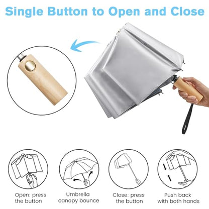 G4Free Windproof Travel Umbrella with Large Wooden Handle 46" Canopy - color: Silver/Sky