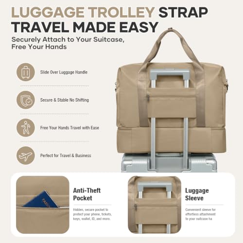 Travel Duffel Bag, Carry-On Overnight Weekender Bags for Women Travel - color: Khaki