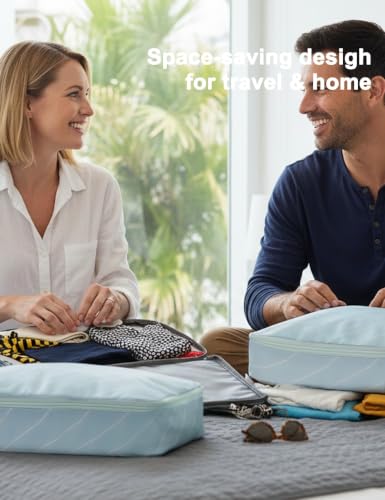 4 Set Striped Packing Cubes, Water-Repellent Travel Luggage Organizer Bags - color: Pale Blue