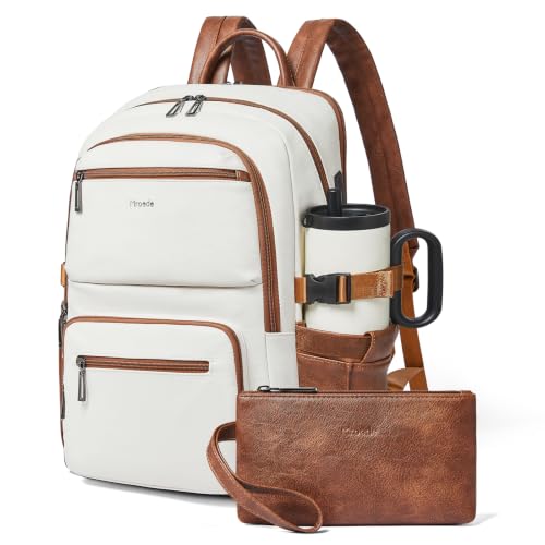 Leather Laptop Backpack for Women with RFID Wristlet Purse, Fits 17" Laptop - color: 1-1 Beige