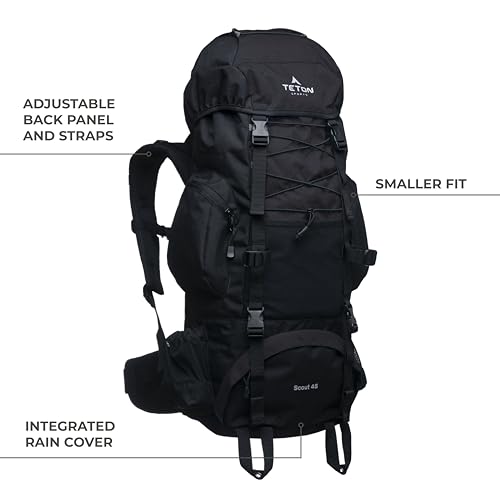 Teton 45L Scout Internal Frame Backpack for Hiking, Camping, Backpacking, Travel, Rain Cover Included, Black - color: Black, size: 45L